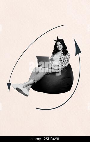 Modello di schizzo di tendenza del collage fotografico 3D, grafica di una giovane donna di lavoro, laptop sit beanbag arrow cycle job business, area di lavoro risorse umane Foto Stock