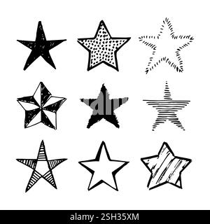 Doodle star. Set di nove stelle nere disegnate a mano isolate su sfondo bianco. Illustrazione vettoriale Illustrazione Vettoriale