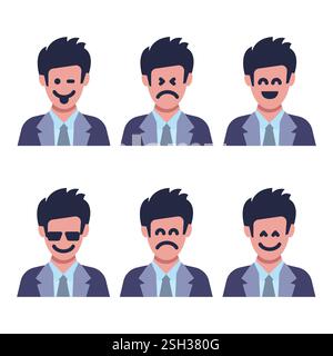 Un gruppo di sei uomini con diverse emozioni facciali. Volto umano con carattere emoji. Illustrazione vettoriale Illustrazione Vettoriale