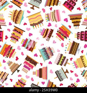 Motivo senza cuciture con cuori colorati, torte dolci e torte. Illustrazione vettoriale. Illustrazione Vettoriale