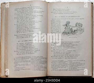 La Fontaine - Choix de Fables - 36a edizione - Armand Colin, Parigi, Francia, 1910 - pp 20-21 - le lion abattu par l'homme Foto Stock