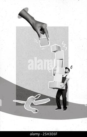 Immagine verticale collage di grande bianco nero effetto braccio dita attraverso il foro dare mini corriere guy pila pile scatole di cartone Foto Stock