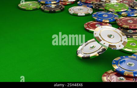 Gettoni del casinò che cadono sul green table background di gioco 3d. Foto Stock
