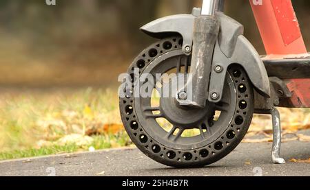 Parte di uno scooter elettrico e della sua ruota anteriore in un vicolo autunnale Foto Stock