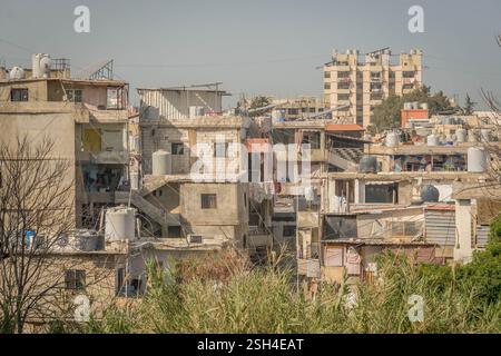Edificio della baraccopoli nel sud di Beirut, quartiere di Sabra, un'area controllata da Hezbollah del Libano. Foto Stock