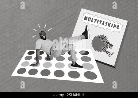 Immagine collage composita di giovane uomo divertente giocare il multitasking di gioco di twister hanno divertente imprenditore imprenditore imprenditore freelance Foto Stock
