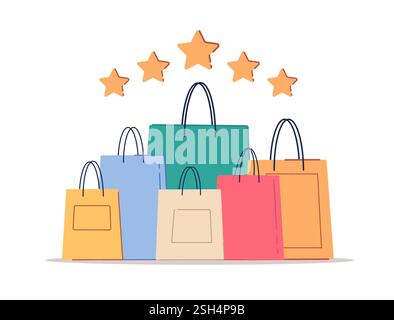 Borse della spesa. Confezione colorata diversa per regali e acquisti. Borsa di carta per negozio di moda. Cinque stelle d'oro. Valutazione del servizio e punto vendita Illustrazione Vettoriale