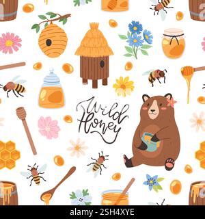 Prodotti a base di miele senza cuciture. Api cartoni animati, elementi apiari, alveari divertenti ripetuti, fiori, orso, cibo naturale. Decorazioni in tessuto, rivestimento Illustrazione Vettoriale