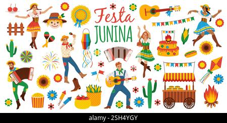 Elementi Festa junina. Festa del Brasile, tradizionale festival del raccolto, gente che balla felice, partecipanti a feste ed eventi, decorazioni folcloristiche appartamento a fumetti Illustrazione Vettoriale