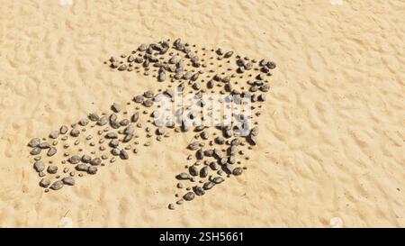 Concept pietre concettuali sulla spiaggia sabbia simbolo forma fatta a mano, sfondo di sabbia dorata, segnaletica stradale. 3d metafora di illustrazione per la navigazione, strategia Foto Stock