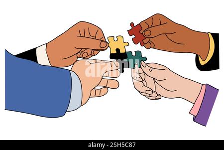 Mani di persone che tengono in mano e collegano pezzi del puzzle Illustrazione Vettoriale