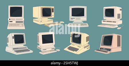 Dispositivi retrò. Tecnologie storiche apparecchiature elettroniche anni '80 e '90 computer di vecchio stile recente modello di immagini vettoriali piatte Illustrazione Vettoriale