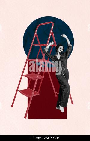 Immagine di schizzo tendenza montaggio di opere d'arte collage fotografico di giovane donna stile pinup archetto stativo a scala stativo montaggio ingegnere del settore Foto Stock