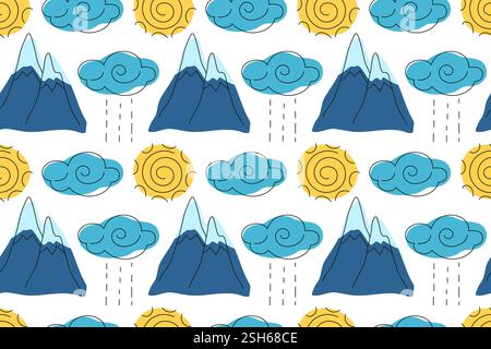 Motivo colorato con montagne, nuvole e sole con elementi atmosferici giocosi Illustrazione Vettoriale