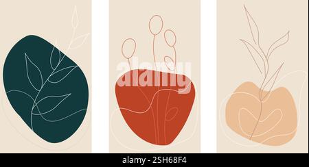 Set di illustrazioni botaniche Boho Abstract minimalista con disegni in tonalità terrosa Illustrazione Vettoriale
