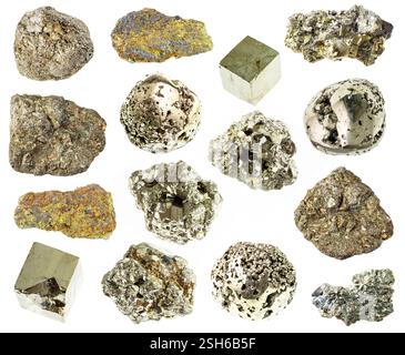 vari esemplari di rocce di pirite di ferro non tagliate su sfondo bianco Foto Stock