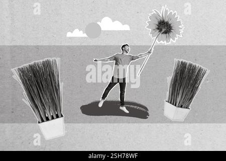 Foto creativa 3D collage artwork poster di giovane uomo funky tenere grande fiore a piedi natura godere di buon tempo isolato su sfondo pittura Foto Stock