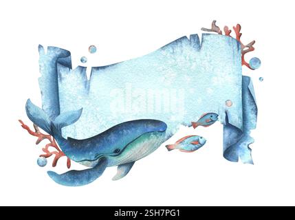 Rotolo per striscioni di carta, a tema marino con animali subacquei, balene, coralli, pesci e bolle. Illustrazione disegnata a mano con acquerello. Rettangolare Foto Stock
