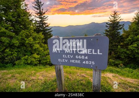 Vista sul monte Mitchell sulla Blue Ridge Parkway. Viaggio panoramico in auto sui monti Appalachi del North Carolina Foto Stock