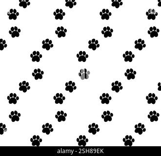 Il motivo senza cuciture delle orme dei cani da gatto fa scalini. Design semplice in bianco e nero. Stampa, sfondo, sfondo, vettore Illustrazione Vettoriale