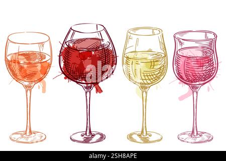 Fila di quattro bicchieri con diversi tipi di vini. Illustrazione dello schizzo ad acquerello disegnata a mano vettoriale isolata su sfondo bianco. Etichetta del negozio dell'azienda vinicola, io Illustrazione Vettoriale