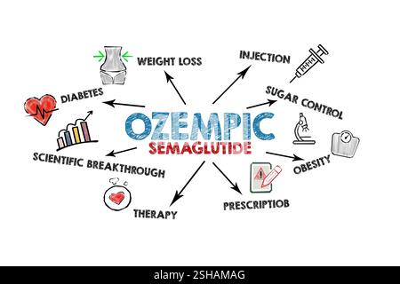 Concetto OZEMPIC. Illustrazione con icone, parole chiave e frecce. Sigulda, Lettonia - 29 dicembre 2024 Foto Stock