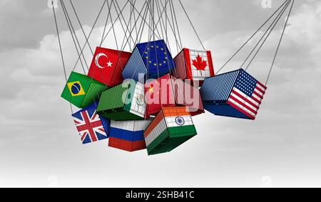 Guerra commerciale globale DEGLI STATI UNITI e USA contro Cina India Canada e unione europea come tariffe americane con container merci contrapposti in conflitto come AN Foto Stock