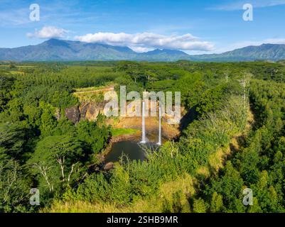 Veduta aerea delle Cascate di Wailua e delle foreste circostanti a Kauai, Hawaii Foto Stock