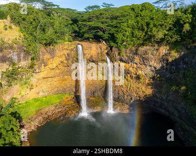 Le Cascate di Wailua si tuffano in una piscina circondata da foglie tropicali Foto Stock