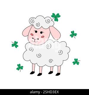 Graziose pecore irlandesi e sciami. Simbolo del giorno di San Patrizio. Illustrazione vettoriale del doodle. Pecora sorridente disegnata a mano isolata su sfondo bianco. Patricks Illustrazione Vettoriale