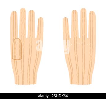 Guanti in lana a maglia corta cartoni animati beige accessori per la mano moda indumento per illustrazione tecnica. Vista vettoriale sul palmo posteriore per uomo e donna, modello piatto unisex, contorno schizzo mockup Illustrazione Vettoriale