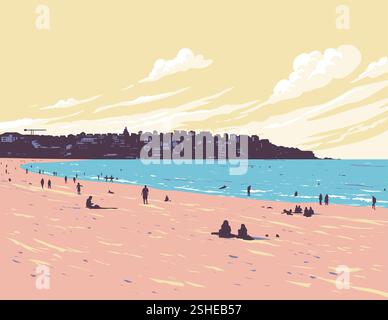 Poster art WPA della spiaggia da surf di Bondi Beach a Waverley, i quartieri orientali di Sydney, nuovo Galles del Sud in Australia, realizzato in Works project adm Illustrazione Vettoriale