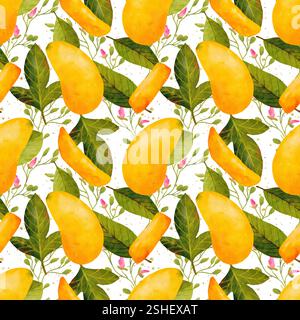 Un colorato motivo ad acquerello caratterizzato da mango maturi e foglie verdi lussureggianti, perfetto per temi tropicali. Motivo acquerello senza cuciture per la stampa su tessuto e carta. Foto Stock