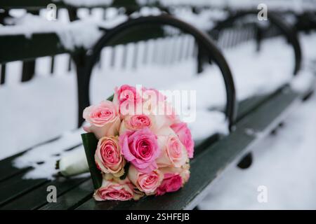 Rose rosa e bianche riposano su una panchina innevata, mettendo in risalto la bellezza in un paesaggio invernale. Foto Stock