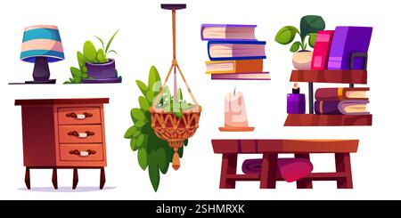 Interno del soggiorno boho con lampada da tavolo, cassettiera in legno, piantatrice di macrame appesa, libri impilati sullo scaffale, candela decorativa, pianta in vaso e tavolo. Arredamento in stile bohémien. Illustrazione Vettoriale