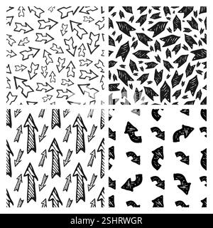 Motivo senza cuciture con frecce nere disegnate a mano. Set di quattro sfondi astratti creativi. Illustrazione vettoriale Illustrazione Vettoriale