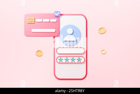 Autenticazione delle identità mobili, sicurezza dei pagamenti online banking, concetto di crittografia e attacco alla sicurezza di rete, rendering 3d. illustrazione 3d. Foto Stock