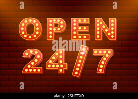 Apri il cartello 247 con le lampadine su uno sfondo a parete in mattoni Illustrazione Vettoriale