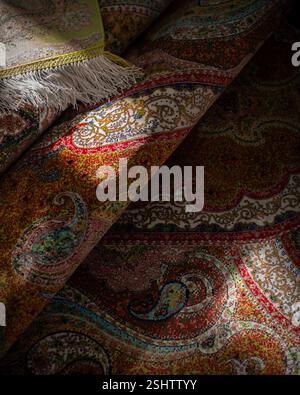 Primo piano di un tappeto di paisley persiano riccamente colorato (Boteh) con frange dettagliate e luce soffusa Foto Stock