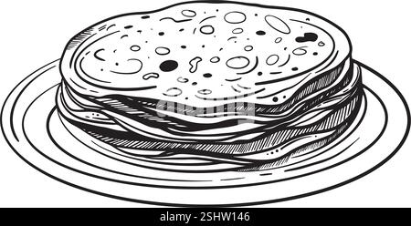 Pila di sottili pancake russi sul piatto, schizzo a inchiostro, illustrazione vettoriale disegnata a mano. Tema Maslenitsa. Per caffè, ristorante, disegno di cibo. Illustrazione Vettoriale