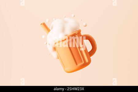 Cartoon una bevanda dorata e schiumosa sullo sfondo arancione, rendering 3D. illustrazione 3d. Foto Stock