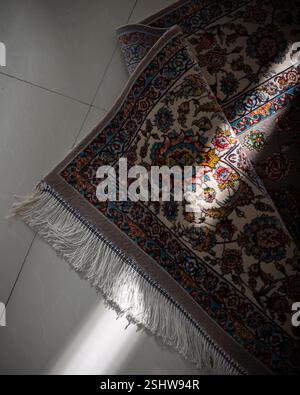 Intricato tappeto persiano con motivi floreali illuminati dalla luce del sole su un pavimento piastrellato, che mostra l'artigianato tradizionale Foto Stock