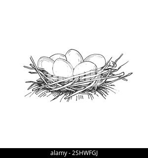 Illustrazione in bianco e nero del vettore nido disegnata a mano con inchiostro. Oggetti isolati per la progettazione di etichette Illustrazione Vettoriale