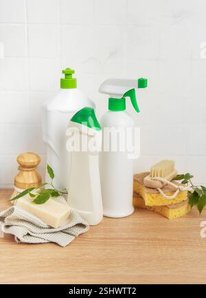 Prodotti per la pulizia eco-compatibili disposti su una superficie in legno, che incarnano pratiche di pulizia sostenibili Foto Stock
