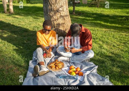 Giovani coppie interrazziali si godono un appuntamento nel parco vicino agli alberi. Chiacchierate timide e gioiose e spuntini da picnic Foto Stock