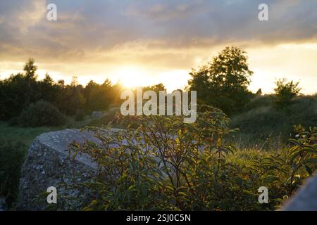 Un paesaggio mozzafiato immerso nella calda luce dorata, con spettacolari nuvole che si estendono attraverso il cielo Foto Stock