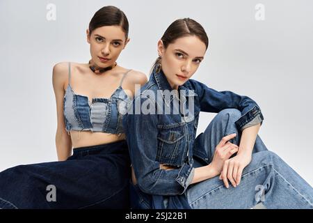 Le sorelle gemelle si posano in denim di stile, sfoggiando eleganza e legami familiari. Foto Stock