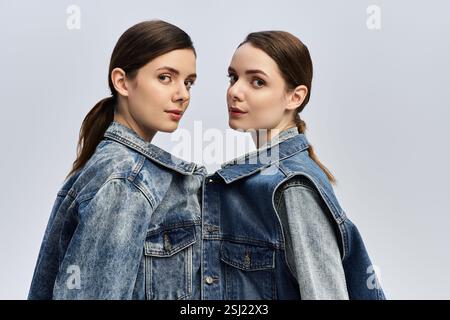 Due bellissime sorelle si uniscono in un capospalla di tendenza in denim, che mostra il loro legame. Foto Stock