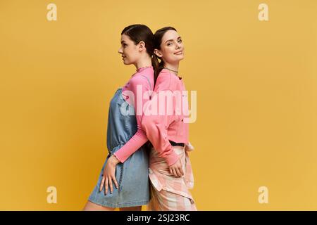 Due eleganti sorelle si mettono in posa uno dietro l'altro, mettendo in risalto il loro legame giocoso con colori vivaci. Foto Stock