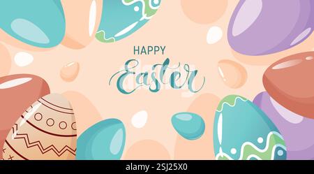 Buona Pasqua. Molte uova di Pasqua colorate e scritte a mano la parola pasquale in colori pastello. Intestazione banner orizzontale, copertina o sito Web. Illustrazione Vettoriale